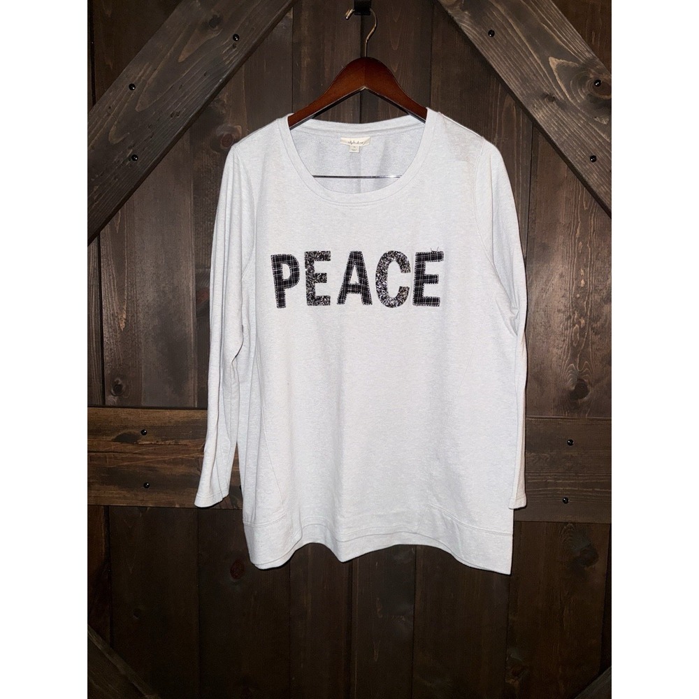 Style & Co Women's 1X Embellished Gray PEACE Christmas Holiday‎ Shirt